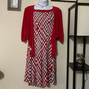 Red Geometric Pattern Sleeveless Dress with Shrug